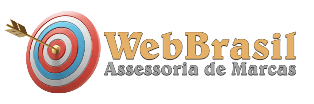 "Logotipo WebBrasil horizontal com ícone de alvo 3D à esquerda e nome da empresa em letras douradas com contorno, em fundo transparente."