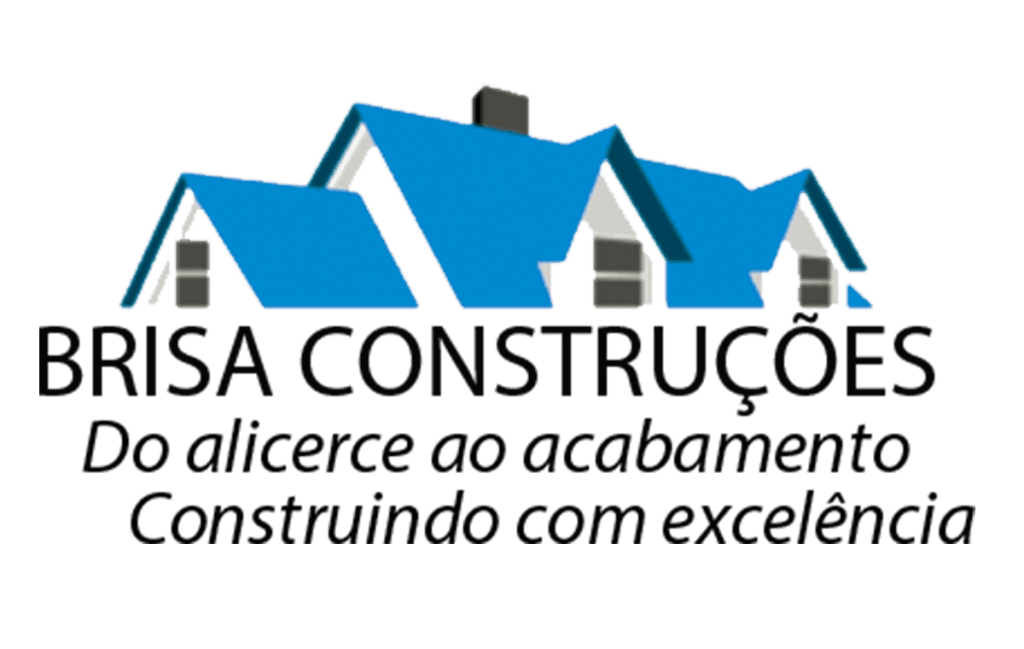 Logotipo da Brisa Construções apresentando três silhuetas de telhados de casas em azul degradê, com o nome da empresa e o slogan 'Do alicerce ao acabamento Construindo com excelência' em preto sobre fundo transparente.