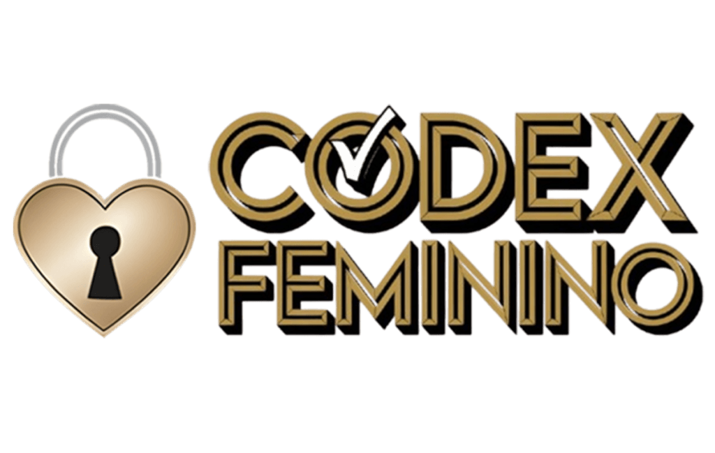 Logotipo Codex Feminino com letras douradas e contorno preto, apresentando um ícone de cadeado dourado em formato de coração à esquerda com um check (visto) na letra O.