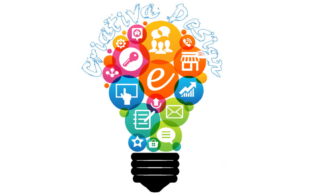 "Logotipo em formato de lâmpada composta por diversos ícones coloridos (engrenagem, chave, nuvem, gráfico, carrinho de compras) representando criatividade e soluções digitais. Acima, o texto 'Criativa Design' em azul claro com contorno branco sobre fundo transparente."