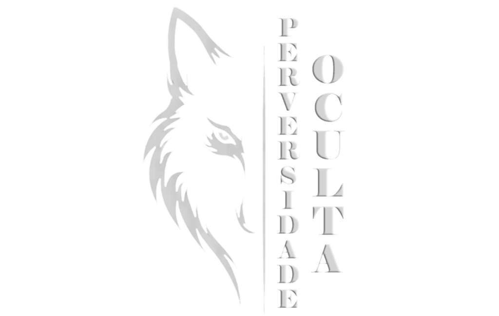 "Logotipo artístico apresentando o perfil estilizado de um lobo à esquerda, composto por linhas fluidas e sombreadas. À direita, o título 'PERVERSIDADE OCULTA' escrito verticalmente em letras maiúsculas com efeito de profundidade."