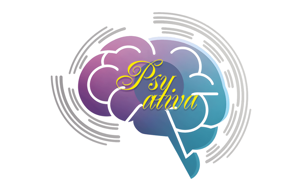 "Logotipo Psy Ativa apresentando o contorno de um cérebro humano em degradê de rosa, roxo e azul. Ao centro, o nome 'Psy Ativa' em letras cursivas douradas, com ondas cerebrais estilizadas em cinza ao redor."