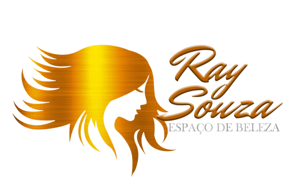 Logotipo Ray Souza Espaço de Beleza apresentando uma silhueta dourada de perfil feminino com cabelos longos e fluidos, ao lado do nome da marca em letras douradas sobre um fundo transparente.