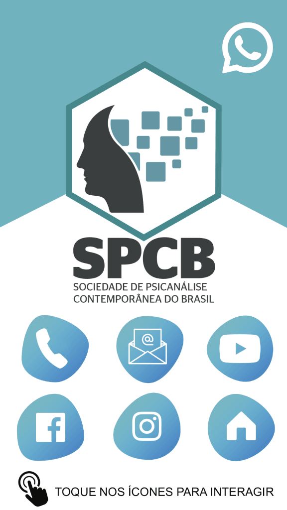 Cartão virtual de fundo ciano e branco com o logotipo da SPCB (Sociedade de Psicanálise Contemporânea do Brasil). Apresenta ícones circulares para contato via WhatsApp, telefone, e-mail, YouTube, Facebook, Instagram e site, com a instrução "Toque nos ícones para interagir".